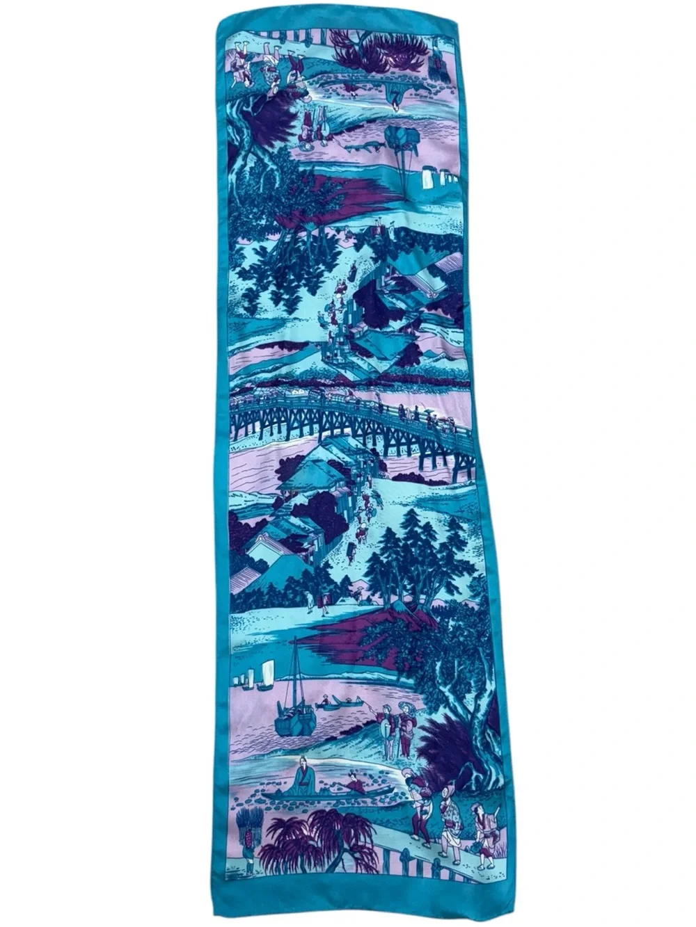 Vintage Asian Scenic Silk Blend Scarf Blue Purple Fishing Town Landscape Scene